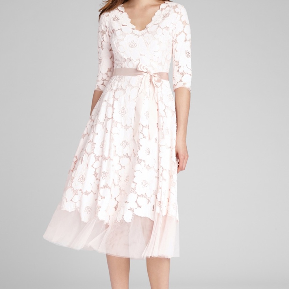 Teri Jon Tea Length 3/4 sleeve Blush lace $585